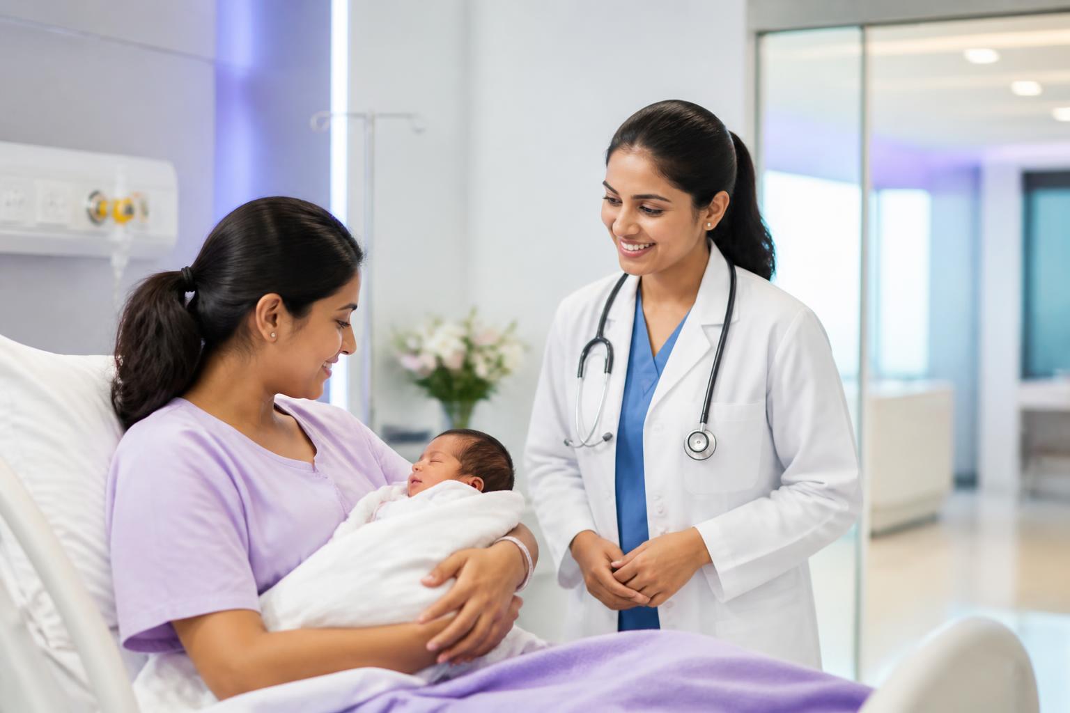 Mother with newborn and doctor at Shushrut